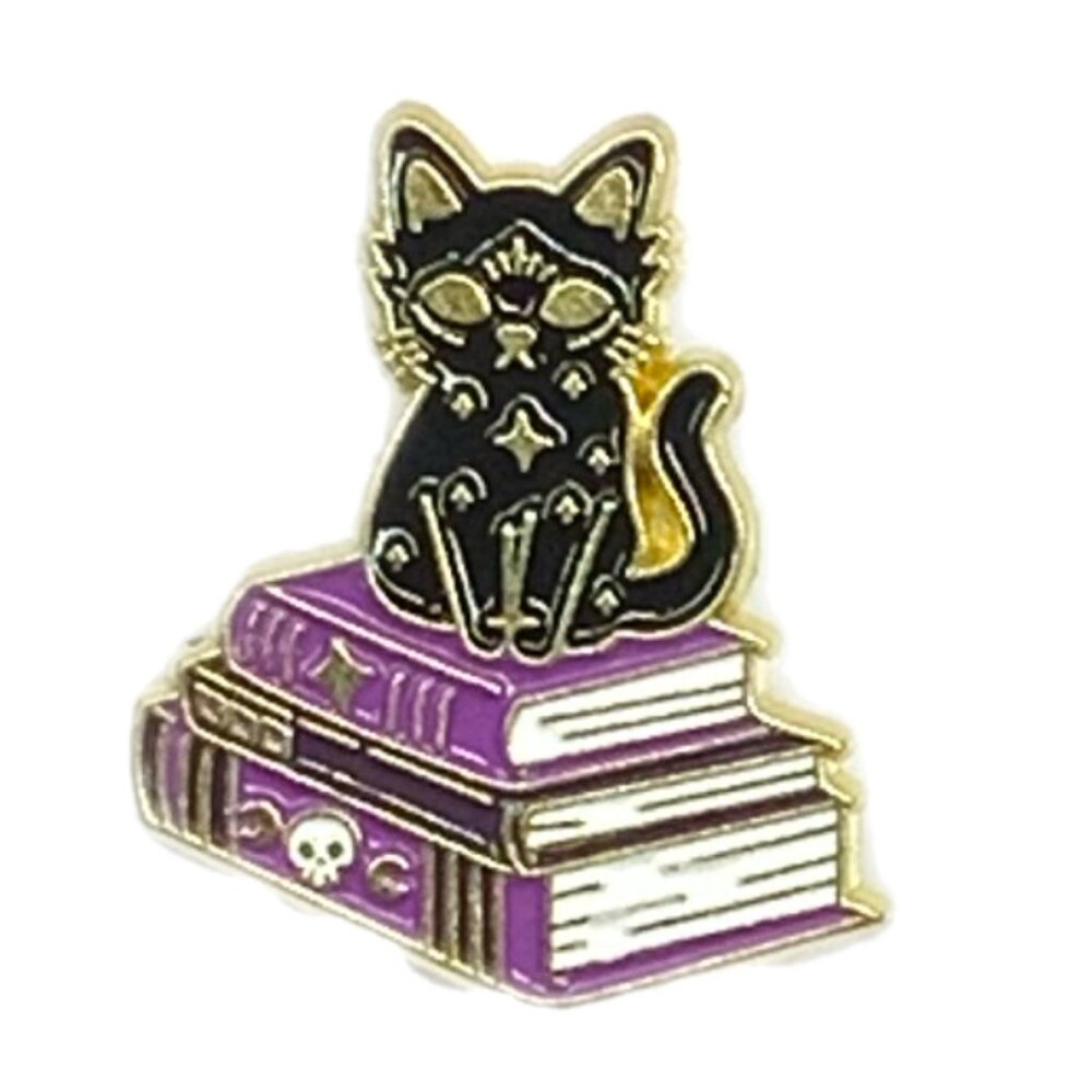 Mystical Celestial Black Witchy Cat on a Spell Book Pile Gold Tone Enamel Pin - Picture 6 of 6
